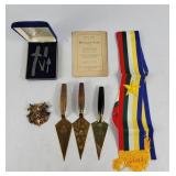 Masonic Ceremonial Sash, Trowels, Pin+ (7)