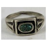 Green Textured Stone Silver Tone Ring (5.5)