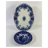 Antique English Blue Transferware Platter & Plate
