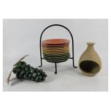 Dessert Plates w/ Stand, Pottery, Stone Grapes (3)