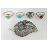 Sterling Turquoise, Abalone Brooch & Rings