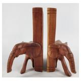 Wood Carved Elephant Bookends