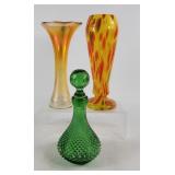 Hobnail Perfume Bottle & Orange Trumpet Vases (3)