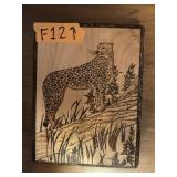 LEOPARD ETCHING ON WOOD, SIGNED