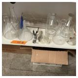 BEAKERS, TEST TUBE, BOTTLES, PYREX, SHELF FULL