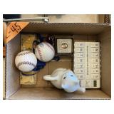 LOT- BASEBALLS, CAT TEA POT, RING BOX ETC
