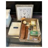 BOX, PICTURE FRAMES, WATCHES, BASEBALL ETC