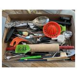 BOX OF KITCHEN UTENSILS MISC, ROLLING PIN, ETC