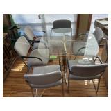 METAL AND GLASS TABLE + 6 PADDED CHAIRS
