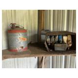 VINTAGE GAS CAN + OIL , CONTENTS OF SHELF