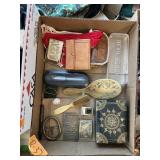 BELT BUCKLES, COMB, BRUSH, TRINKET BOX