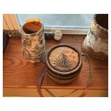 LOT OF 2- COWHIDE KOOZIE+WOOD CANTEEN