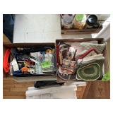 2 BOXES, HOT PADS, JUNK DRAWER ITEMS