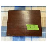 VINTAGE WOODEN CIGAR BOX W MISC MIXED AMMO SEE DES