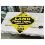 LAMB CHAIN SAW DEALER SIGN GREEN BACK 32.5' X32.5'