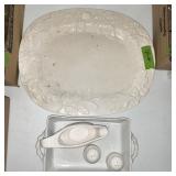 WHITE TURKEY SIZED PLATTER, GRAVY BOWL,S/P SHAKERS