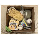 BOX OF BASEBALLS, LEATHER GLOVES, CDS