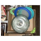 BOX OF LIDS , GLASS ETC