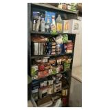 7FT METAL SHELF W FOOD, CAST IRON POT