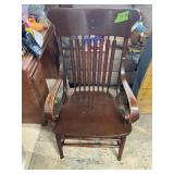 WOODEN ARM CHAIR WITH HIGH CREST RAIL, ETC