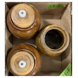 BROWN GLAZED STONEWARE CROCKS WITH WOODEN LIDS