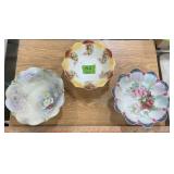 HANDPAINTED FLORAL BOWLS W SCALLOPED EDGES X3