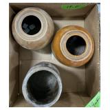 BROWN GLAZED STONEWARE CROCKS X3
