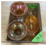 MARIGOLD AMBER LUSTER CARNIVAL GLASS COMPOTE VASES