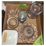 GLASSWARE: CHEESE DISH, BUCKET,BOWLS, TEA CANISTER