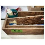 HANDMADE WOODEN CARPENTER BOX W GREEN ITEMS