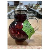 RUBY RED CUT TO CLEAR BALL PITCHER/SYRUP JUG