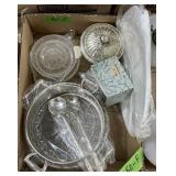 SILVER PLATE SERVING ITEMS, 2 GLASS JUICERS