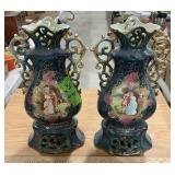 AIR OF ORNATE TEAL AND GOLD CERAMIC URN VASES