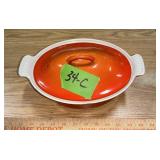 DECORATED ORANGE ENAMEL BAKING DISH W LID