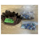 LEATHER CINCH BAG WITH CLAY & GLASS MARBLES