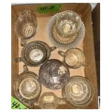 CLEAR GLASS CREAMER, SUGAR BOWLS, CUPS, BOWLS