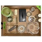GLASS BOWLS, JARS, CARD DECK HOLDER