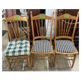 WOOD SPINDLE BACK CHAIRS WITH PLAID CUSHIONS X3