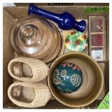 LOT: WICKER SHOES MADE IN CHINA, PINS, CHEESE DISH