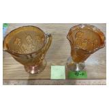 MARIGOLD CARNIVAL GLASS PITCHER AND VASE SEE DET
