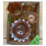 MARIGOLD CARNIVAL GLASS: 3 FOOTED BOWL, PITCHER...