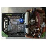 LOT: WICKER BASKET WITH WELCOME SIGN, CURLING IRON