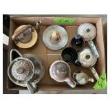 2 TEAPOTS, MUGS, METAL EGG POACHERS