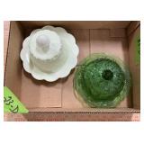 EMERALD GREEN GLASS COVERED BUTTER/CHEESE DISH ETC