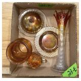 MARIGOLD IRIDESC. CARNIVAL GLASS VASES, BUTTER,CUP