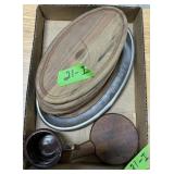 WOODEN CHEESE BOARD WITH KNIFE, MUG, METAL PLATTER