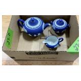 WEDGWOOD DARK BLUE JASPERWARE TEAPOT, CREAMER, ETC