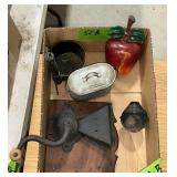 LOT: CAST IRON WALL-MOUNT COFFEE GRINDER,  ETC
