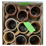 BROWN GLAZED STONEWARE MUGS X9: SOME DAMAGE