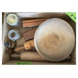 LOT: WOOD ROLLING PINS, BOWL, BOXES, GLASS JARS,